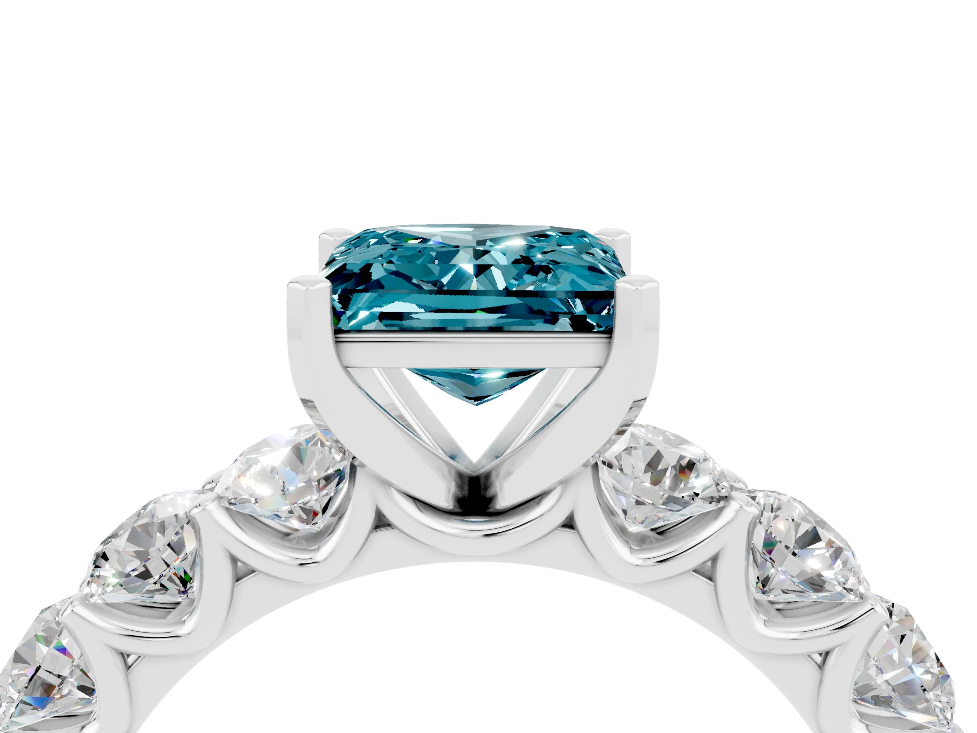 White gold Princess Cut Blue Topaz Prong Setting with Side Stones on a Pave Band_4