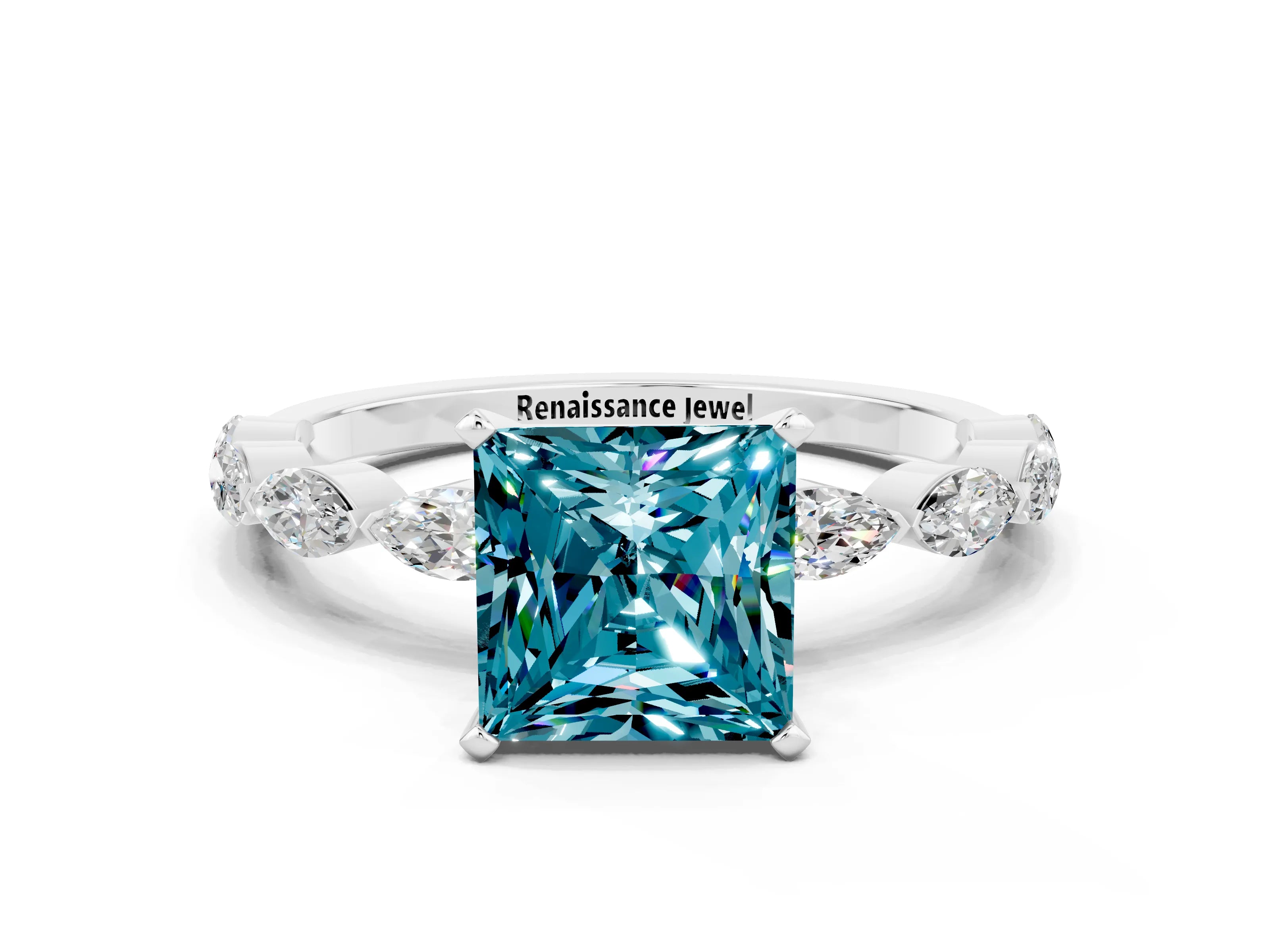White gold Princess Cut Blue Topaz Ring with Marquise Side Stones and Prong Setting