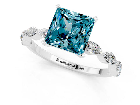White gold Princess Cut Blue Topaz Ring with Marquise Side Stones and Prong Setting_1