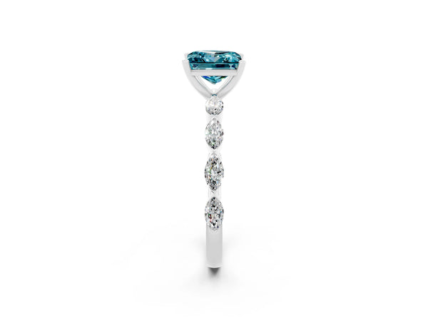 Silver Princess Cut Blue Topaz Ring with Marquise Side Stones and Prong Setting