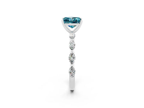 White gold Princess Cut Blue Topaz Ring with Marquise Side Stones and Prong Setting_2
