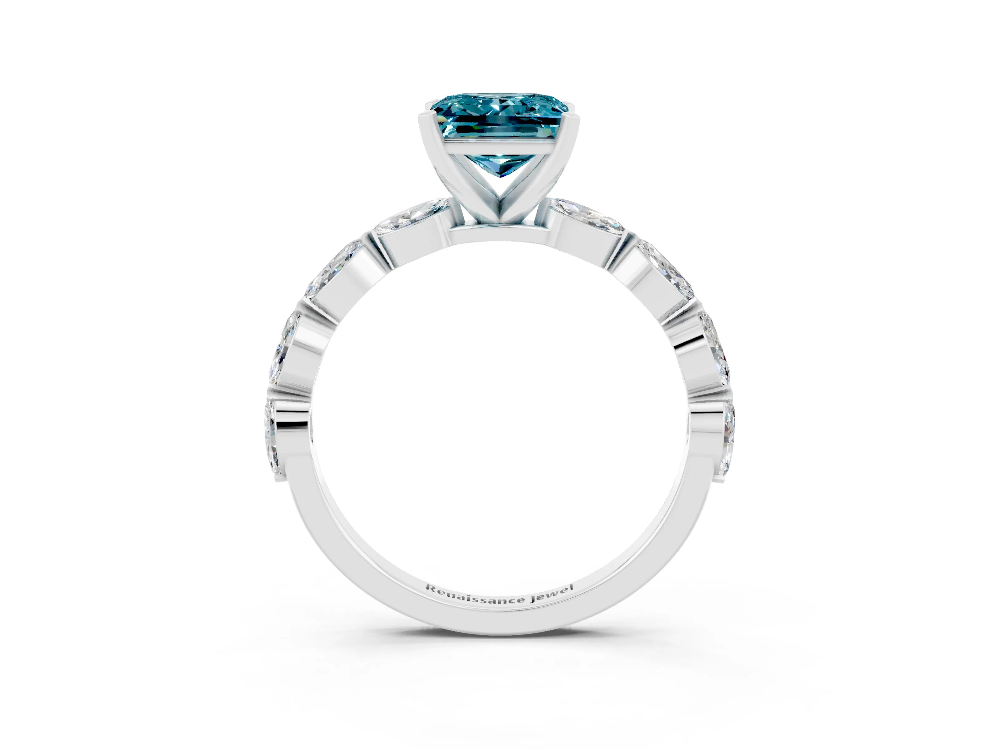 White gold Princess Cut Blue Topaz Ring with Marquise Side Stones and Prong Setting_3