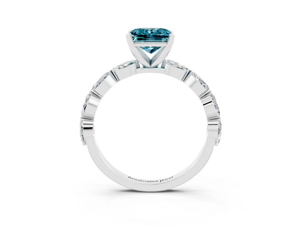White gold Princess Cut Blue Topaz Ring with Marquise Side Stones and Prong Setting