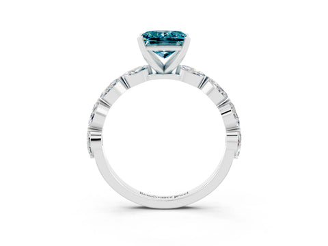 White gold Princess Cut Blue Topaz Ring with Marquise Side Stones and Prong Setting_3
