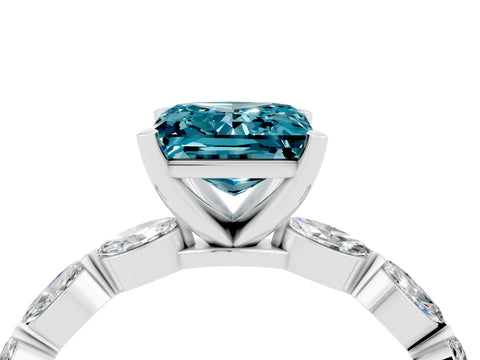 White gold Princess Cut Blue Topaz Ring with Marquise Side Stones and Prong Setting_4