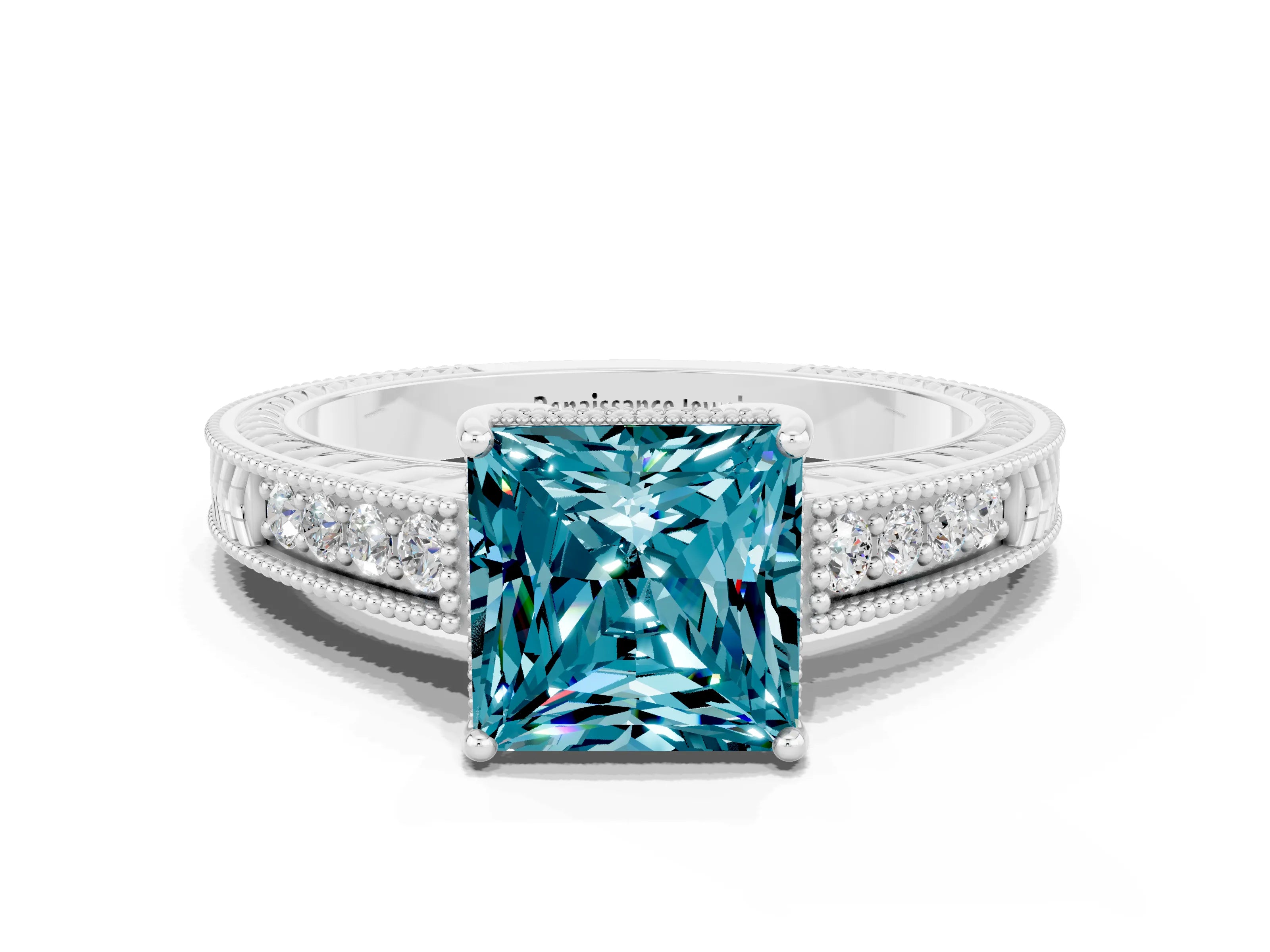 White gold Princess Cut Blue Topaz Ring with Milgrain Pavé Band and Four-Prong Setting_12