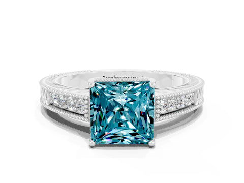 White gold Princess Cut Blue Topaz Ring with Milgrain Pavé Band and Four-Prong Setting_12