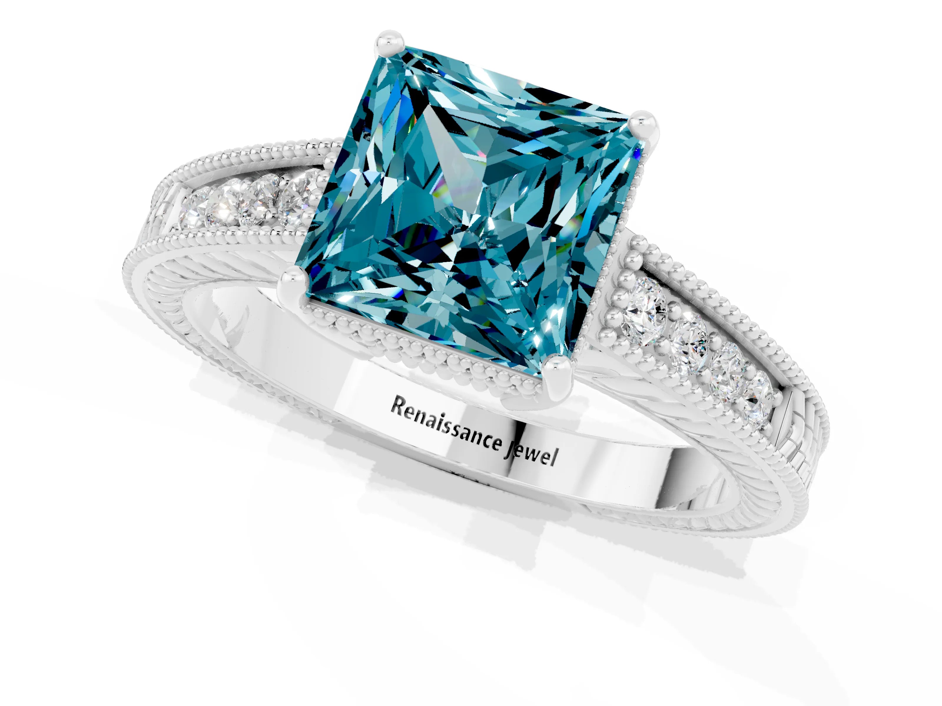 White gold Princess Cut Blue Topaz Ring with Milgrain Pavé Band and Four-Prong Setting_13