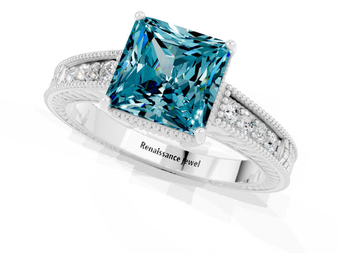 White gold Princess Cut Blue Topaz Ring with Milgrain Pavé Band and Four-Prong Setting_13