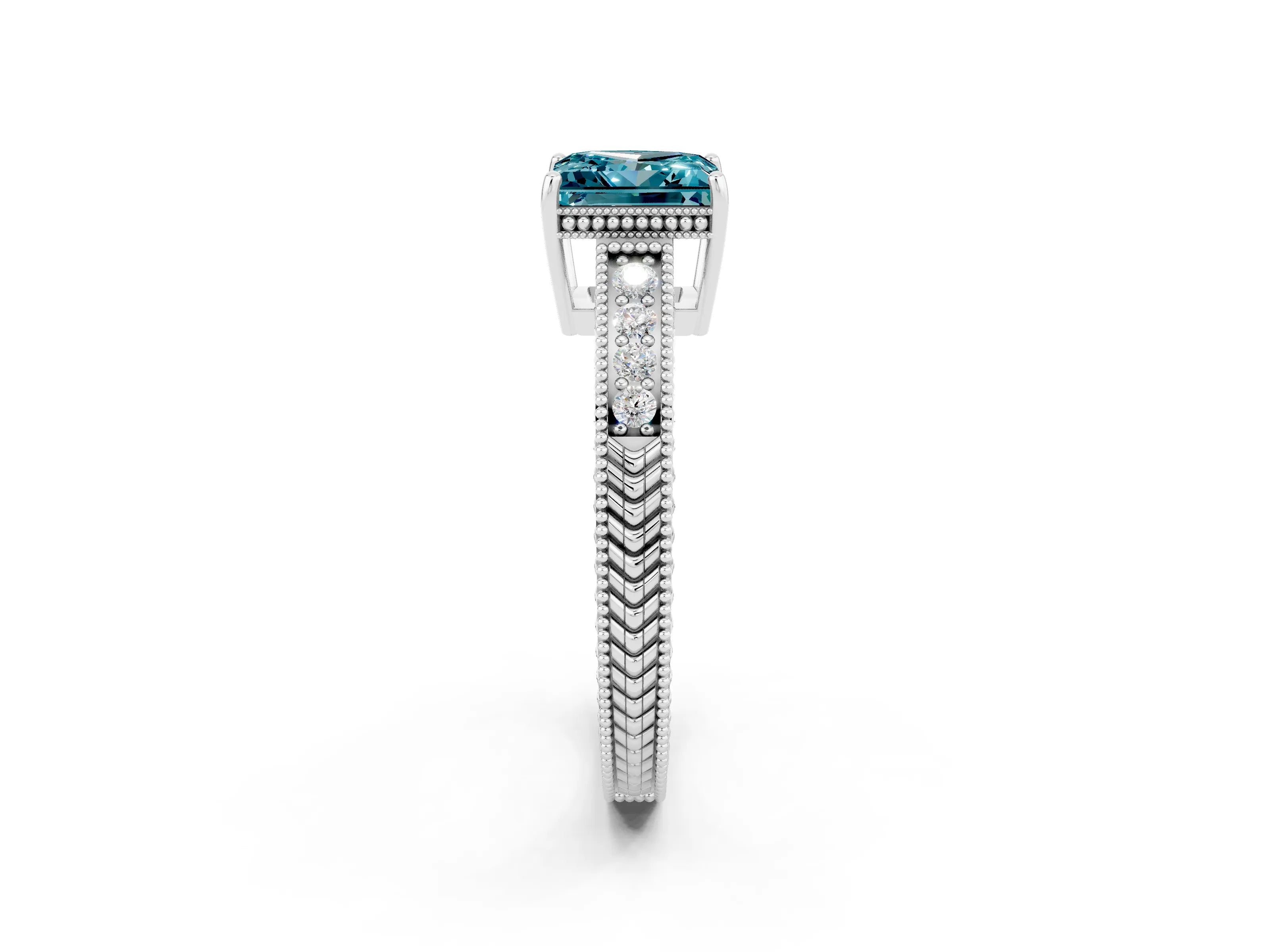 White gold Princess Cut Blue Topaz Ring with Milgrain Pavé Band and Four-Prong Setting_14