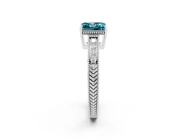 Silver Princess Cut Blue Topaz Ring with Milgrain Pavé Band and Four-Prong Setting