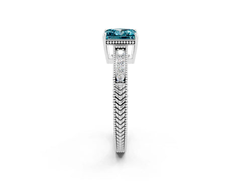 White gold Princess Cut Blue Topaz Ring with Milgrain Pavé Band and Four-Prong Setting_14