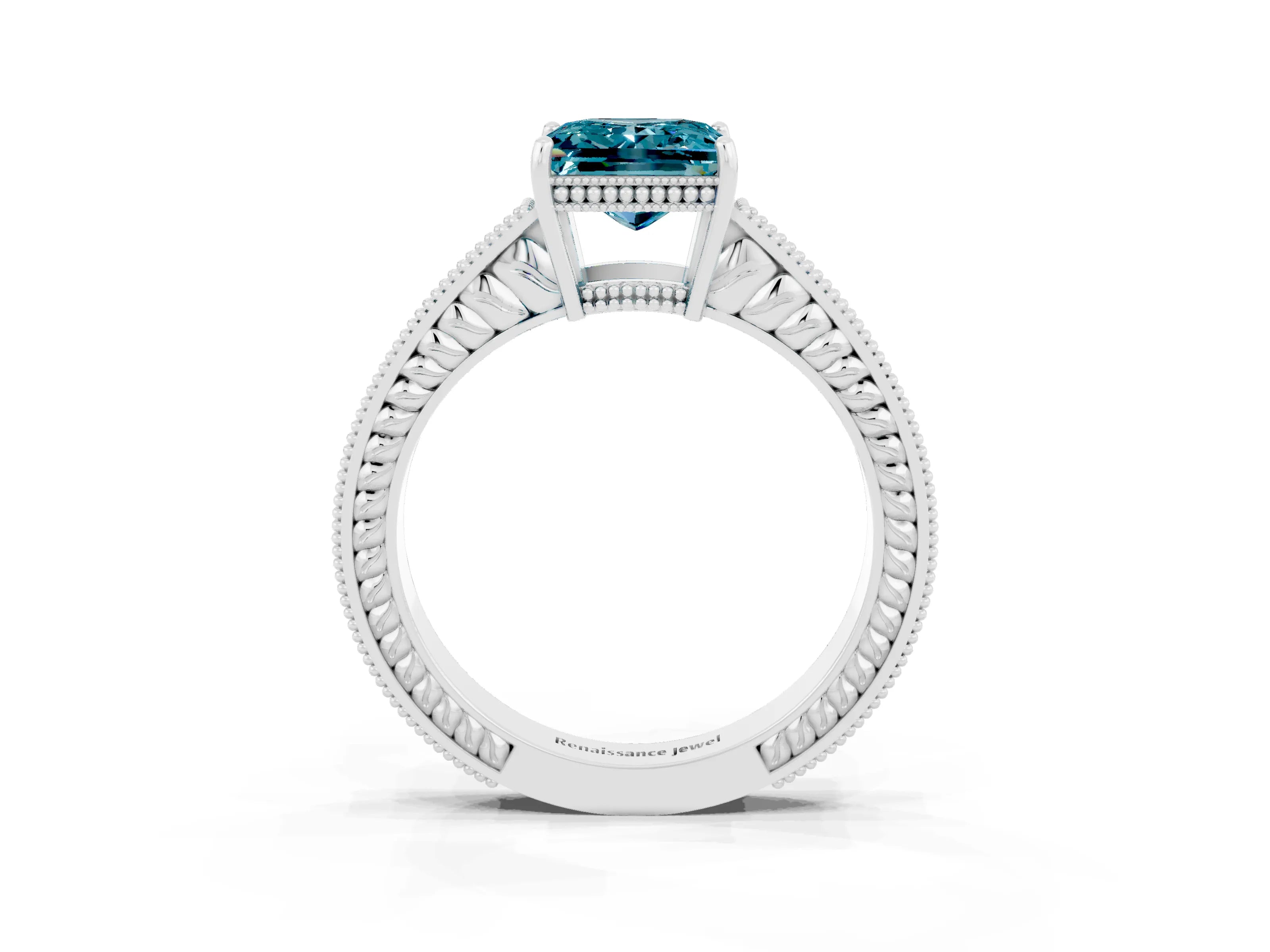 White gold Princess Cut Blue Topaz Ring with Milgrain Pavé Band and Four-Prong Setting_15