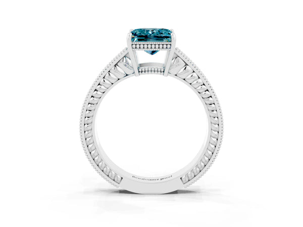 Silver Princess Cut Blue Topaz Ring with Milgrain Pavé Band and Four-Prong Setting