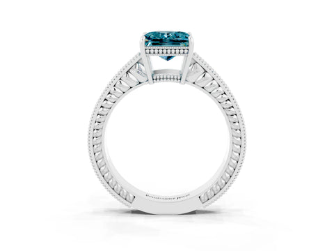 White gold Princess Cut Blue Topaz Ring with Milgrain Pavé Band and Four-Prong Setting_15
