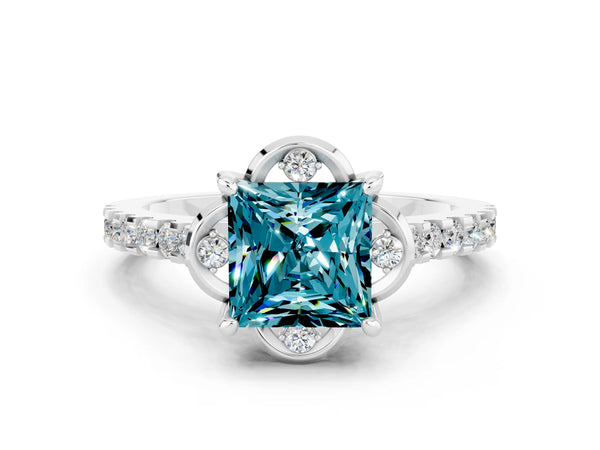 Platinum Princess Cut Blue Topaz Ring with Pavé Band and Floral Prong Setting