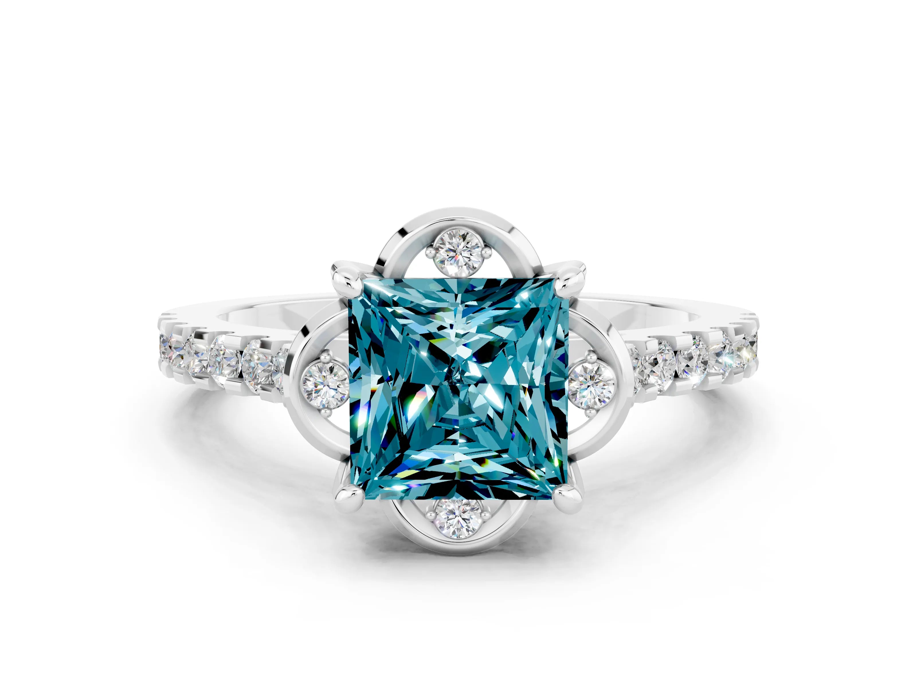 White gold Princess Cut Blue Topaz Ring with Pavé Band and Floral Prong Setting