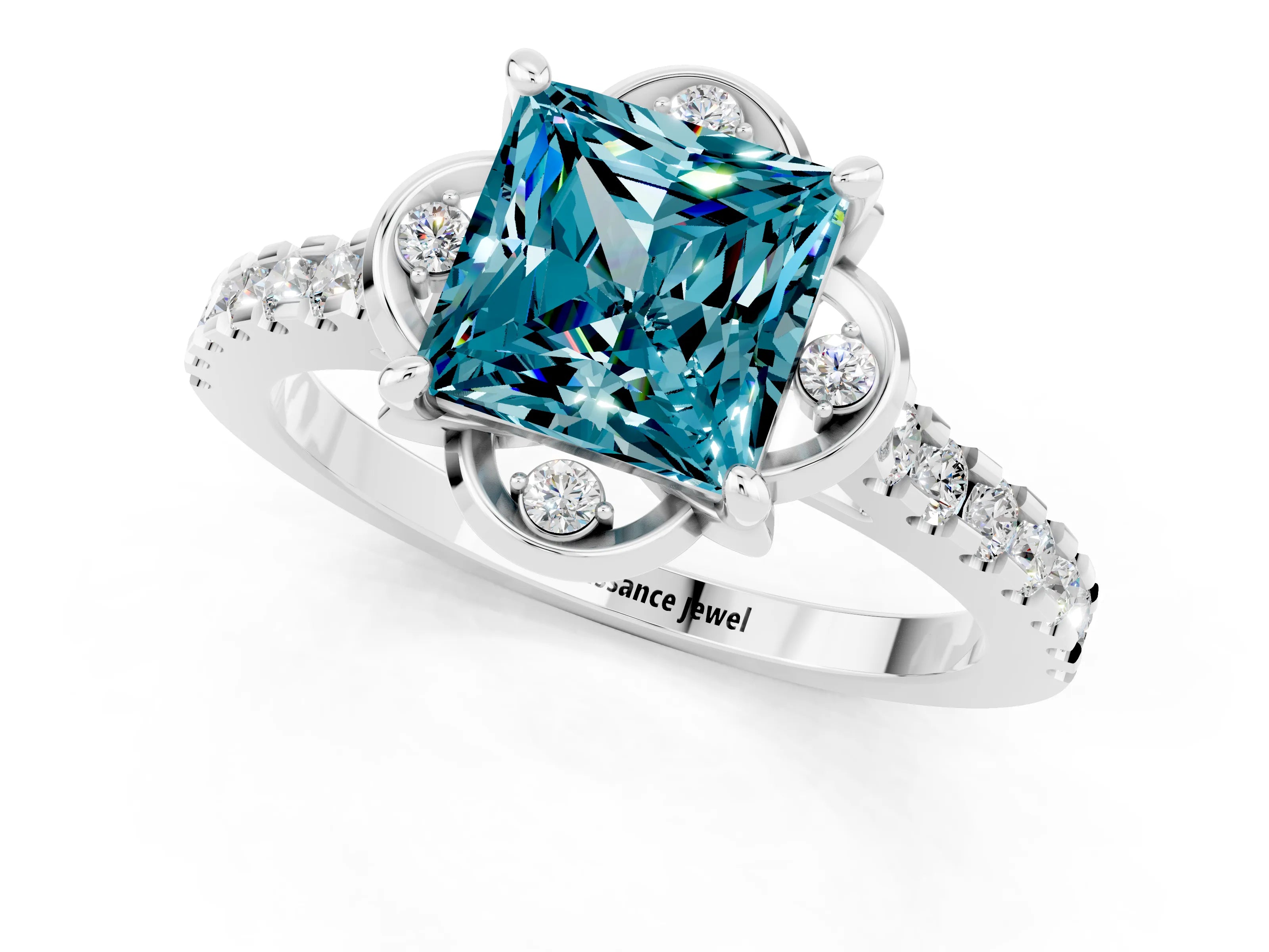 White gold Princess Cut Blue Topaz Ring with Pavé Band and Floral Prong Setting_1