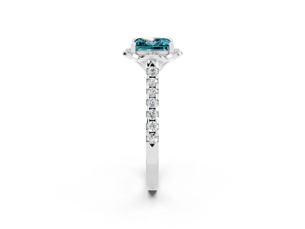 White gold Princess Cut Blue Topaz Ring with Pavé Band and Floral Prong Setting