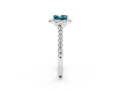 White gold Princess Cut Blue Topaz Ring with Pavé Band and Floral Prong Setting_2