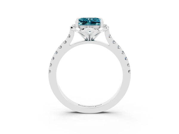 Platinum Princess Cut Blue Topaz Ring with Pavé Band and Floral Prong Setting
