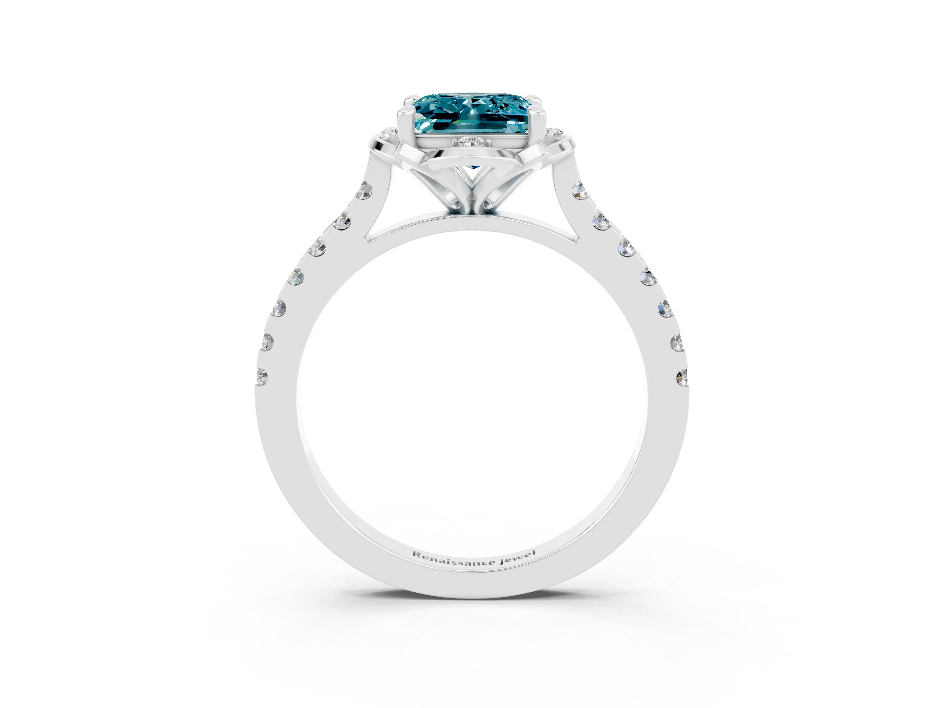 White gold Princess Cut Blue Topaz Ring with Pavé Band and Floral Prong Setting_3