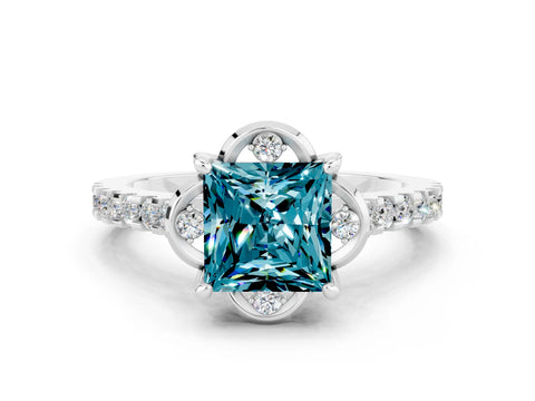 White gold Princess Cut Blue Topaz Ring with Pavé Band and Floral Prong Setting