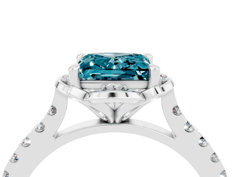 White gold Princess Cut Blue Topaz Ring with Pavé Band and Floral Prong Setting_4