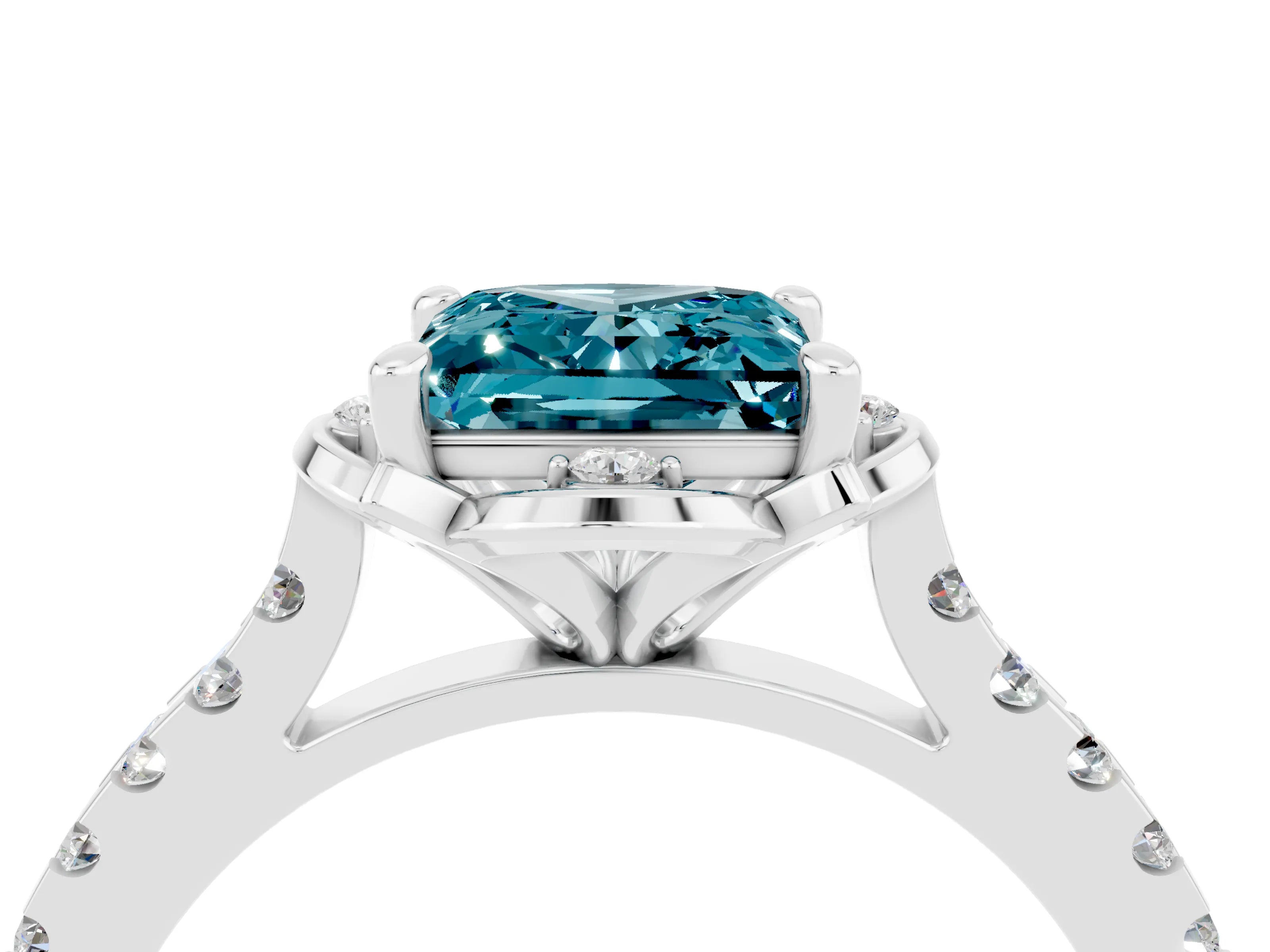 White gold Princess Cut Blue Topaz Ring with Pavé Band and Floral Prong Setting_4
