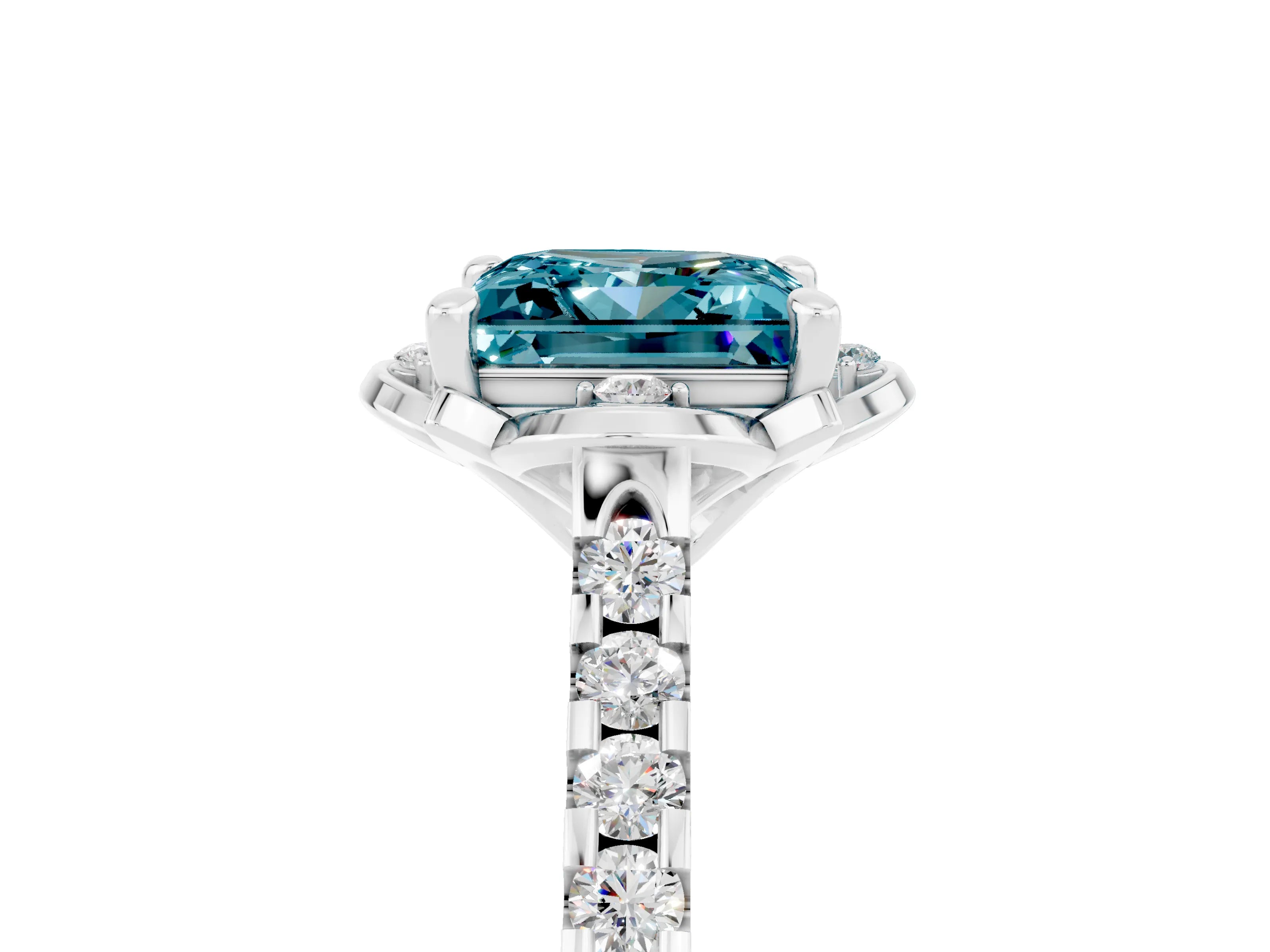 White gold Princess Cut Blue Topaz Ring with Pavé Band and Floral Prong Setting_5