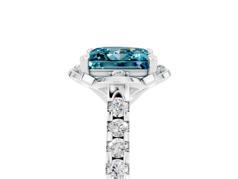 White gold Princess Cut Blue Topaz Ring with Pavé Band and Floral Prong Setting_5