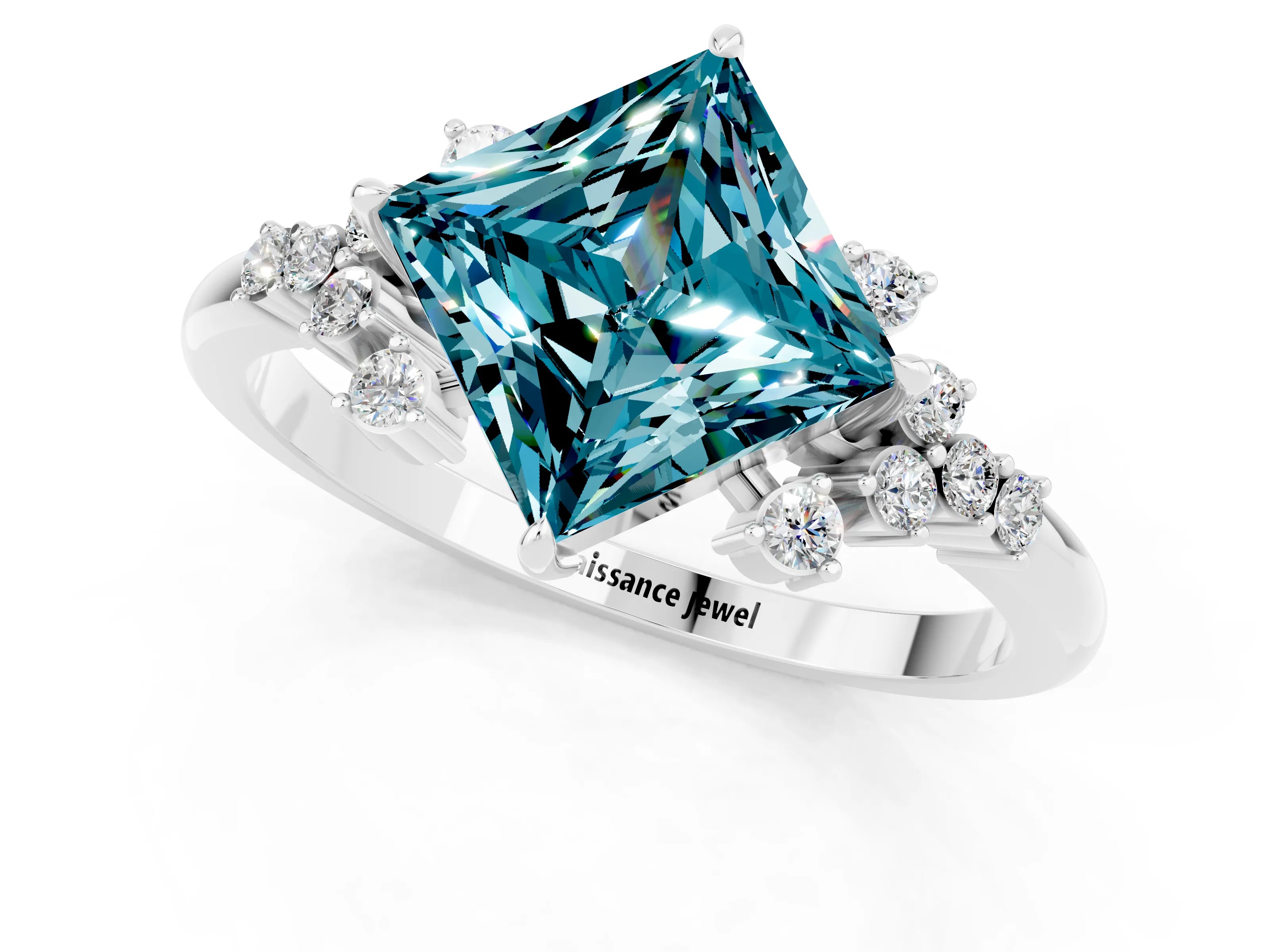 White gold Princess Cut Blue Topaz Ring with Side Stones and Four-Prong Setting_37