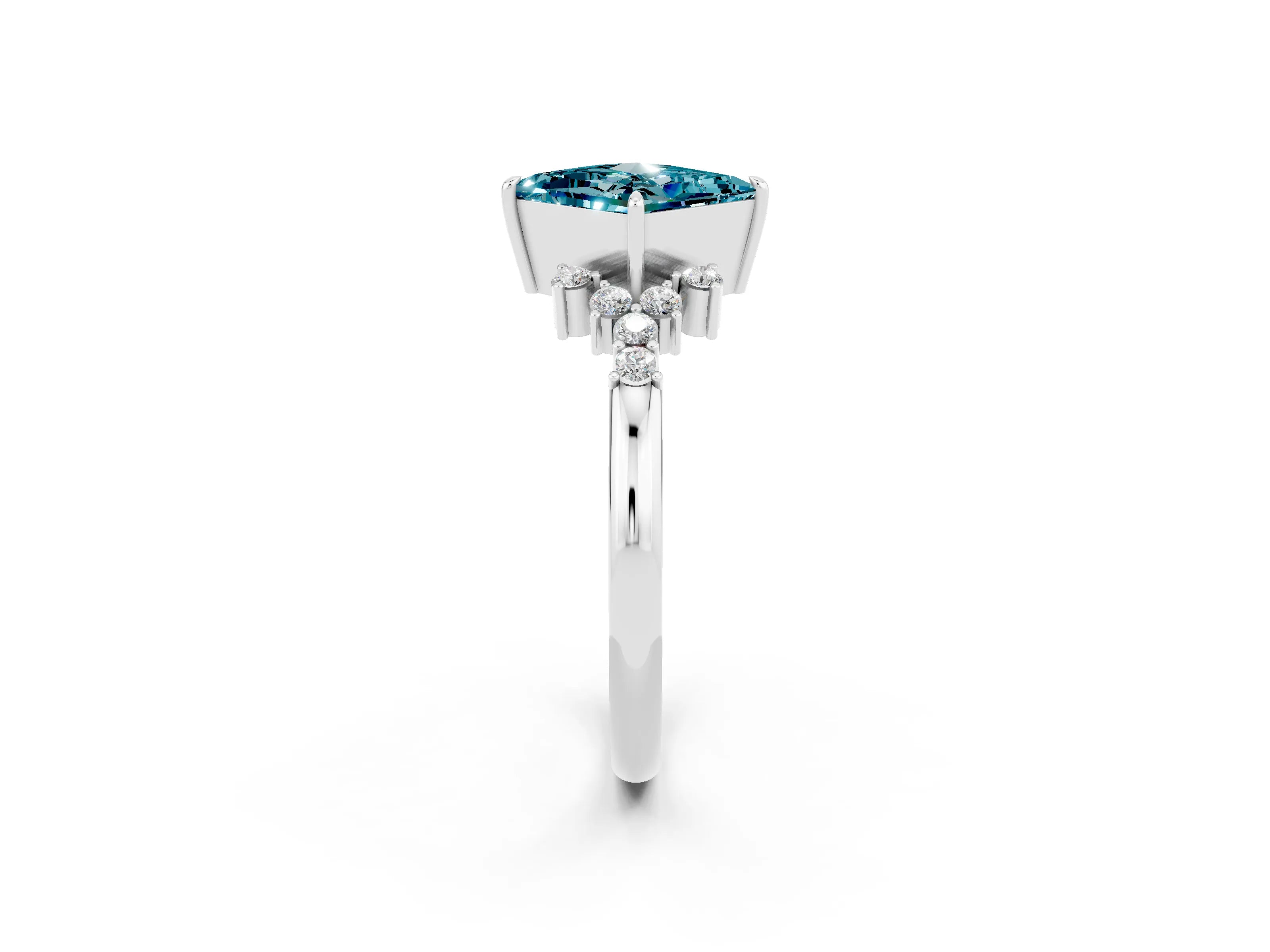 White gold Princess Cut Blue Topaz Ring with Side Stones and Four-Prong Setting_38