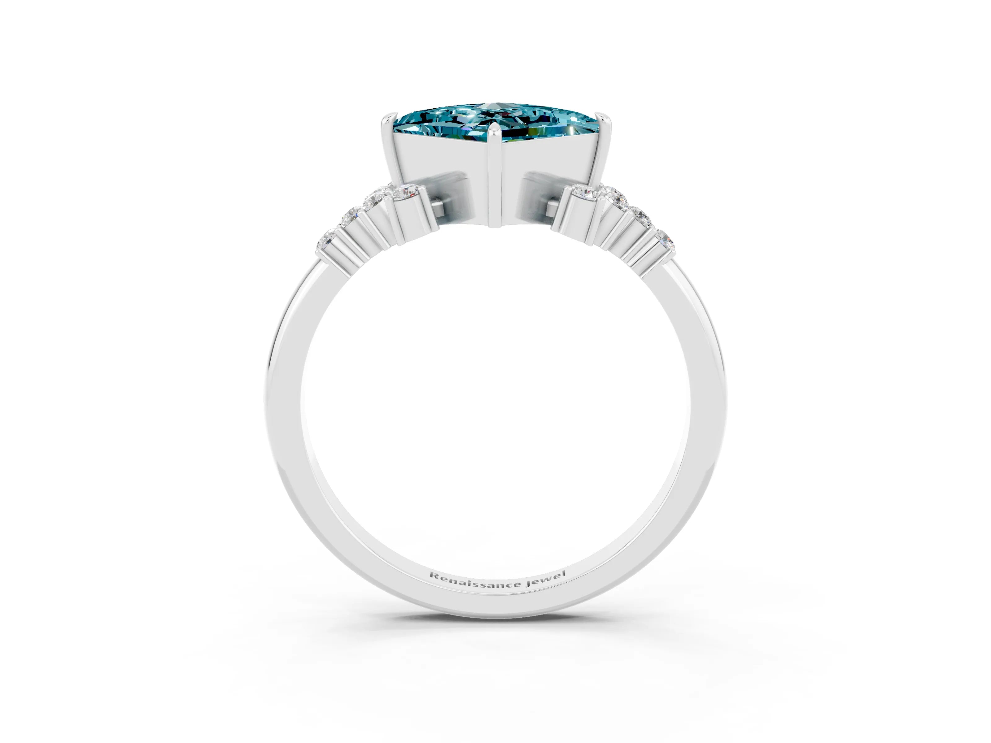 White gold Princess Cut Blue Topaz Ring with Side Stones and Four-Prong Setting_39