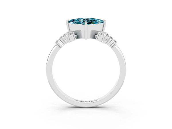 Platinum Princess Cut Blue Topaz Ring with Side Stones and Four-Prong Setting