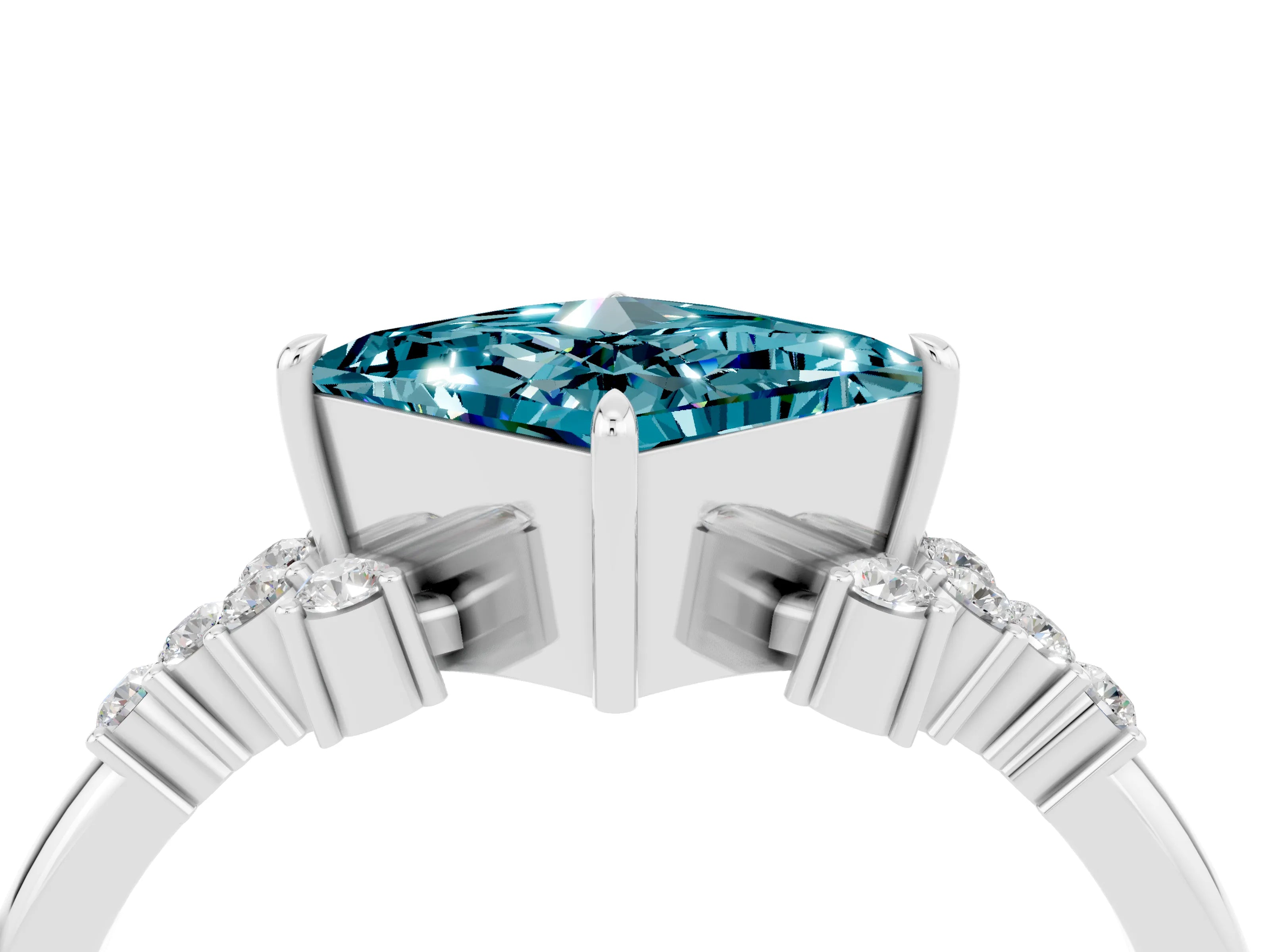 White gold Princess Cut Blue Topaz Ring with Side Stones and Four-Prong Setting_40