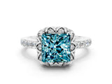 White gold Princess Cut Blue Topaz Scalloped Halo Engagement Ring with Round Shared Prong Band_12