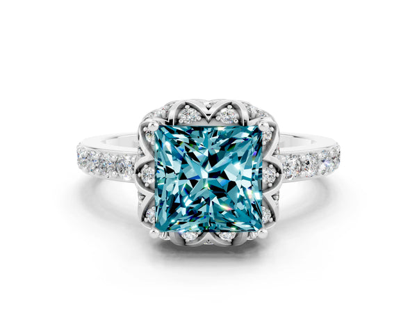 Platinum Princess Cut Blue Topaz Scalloped Halo Engagement Ring with Round Shared Prong Band