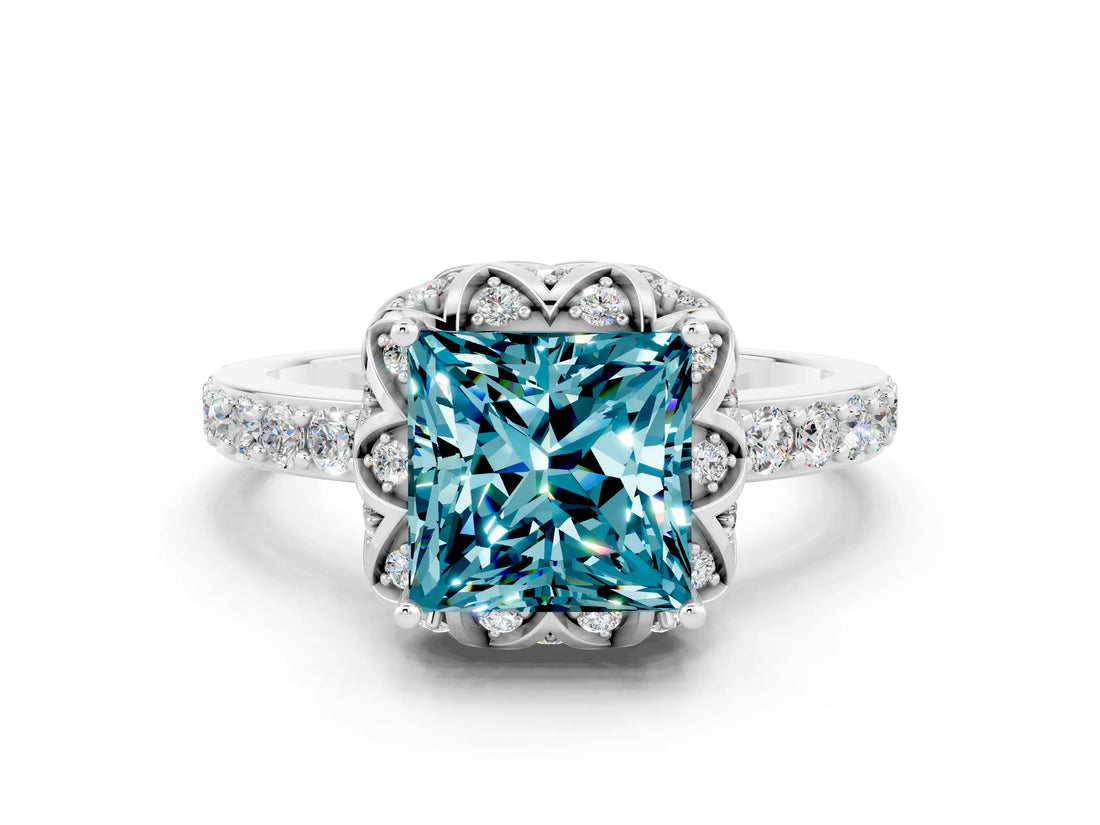 White gold Princess Cut Blue Topaz Scalloped Halo Engagement Ring with Round Shared Prong Band_12