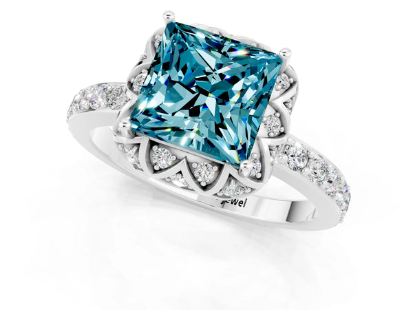 Platinum Princess Cut Blue Topaz Scalloped Halo Engagement Ring with Round Shared Prong Band
