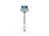 White gold Princess Cut Blue Topaz Scalloped Halo Engagement Ring with Round Shared Prong Band_14