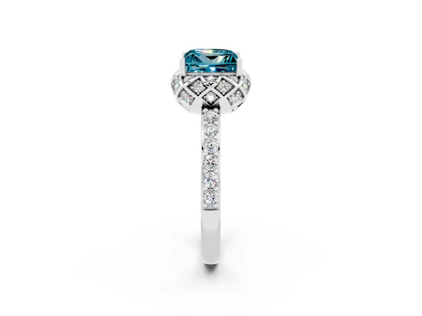 Platinum Princess Cut Blue Topaz Scalloped Halo Engagement Ring with Round Shared Prong Band
