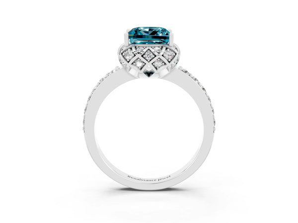 White gold Princess Cut Blue Topaz Scalloped Halo Engagement Ring with Round Shared Prong Band
