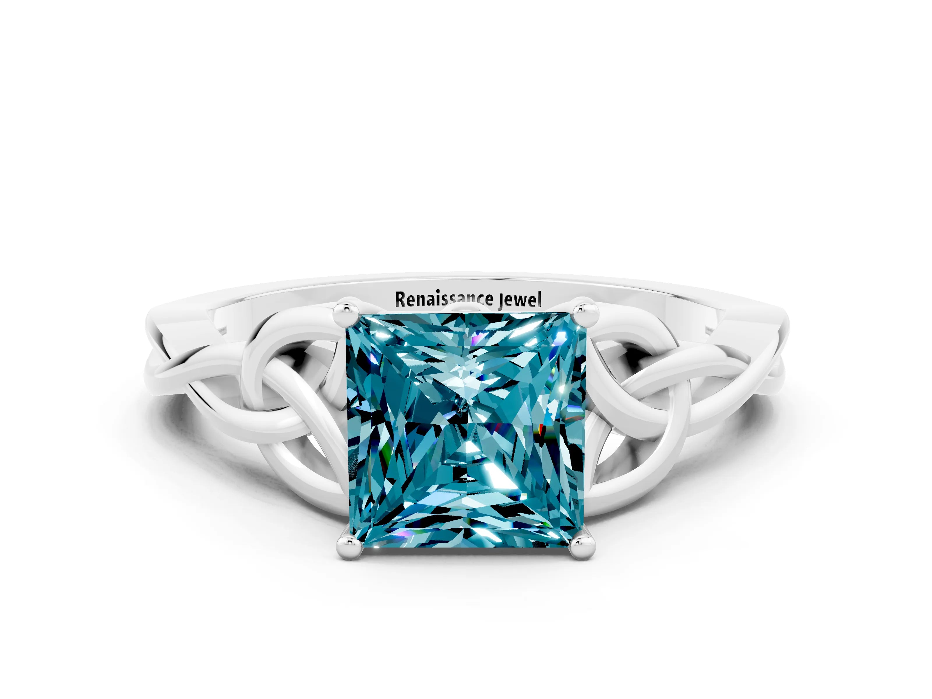 White gold Princess Cut Blue Topaz Solitaire Celtic Knot Ring with Four-Prong Setting_12