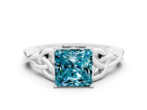 White gold Princess Cut Blue Topaz Solitaire Celtic Knot Ring with Four-Prong Setting_12