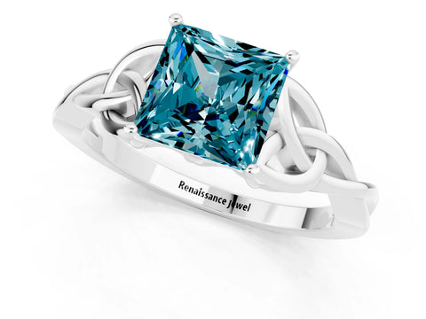White gold Princess Cut Blue Topaz Solitaire Celtic Knot Ring with Four-Prong Setting_13