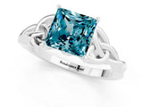 White gold Princess Cut Blue Topaz Solitaire Engagement Ring with Celtic Knot Band and Four-Prong Setting_1