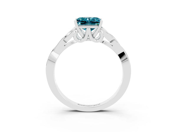 Platinum Princess Cut Blue Topaz Solitaire Engagement Ring with Celtic Knot Band and Four-Prong Setting