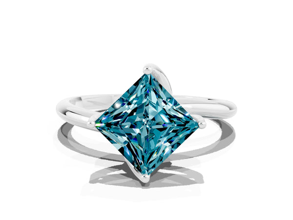 Platinum Princess Cut Blue Topaz Solitaire Engagement Ring with Four-Prong Setting and Classic Band