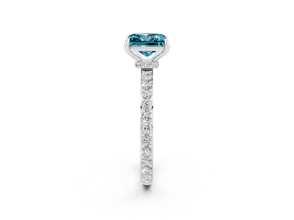White gold Princess Cut Blue Topaz Solitaire Engagement Ring with Pavé Band and Four-Prong Setting